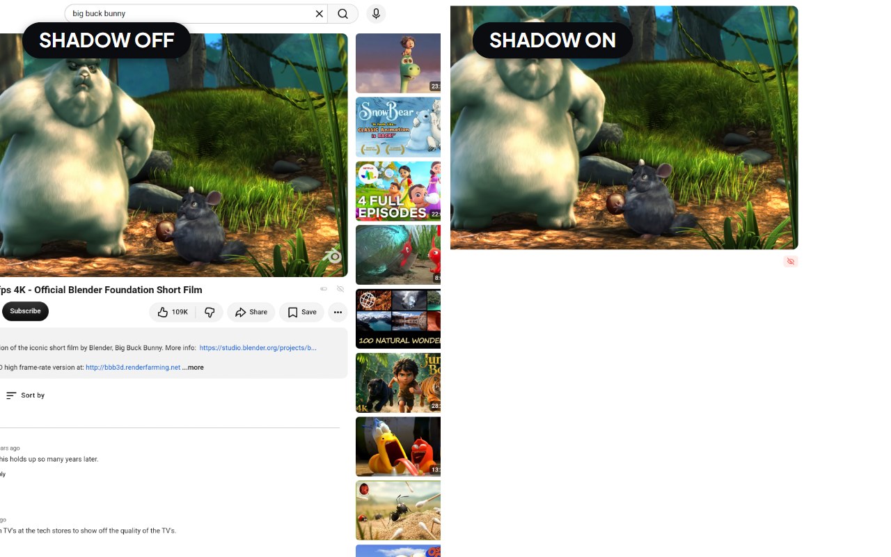 Before and after: the left shows a busy YouTube page; the right shows the same page with comments, recommendations and end screens hidden.